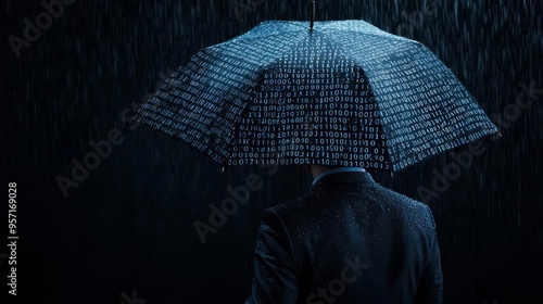 A businessman holding an umbrella made of binary code to shield from a rain of risk symbols, Surreal, Blue Tones, Photorealistic