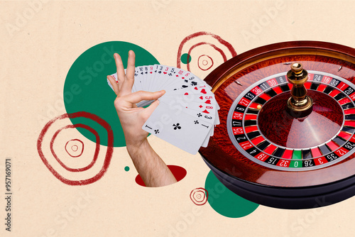 Canvas Print Composite photo collage of hand hold cards combination roulette table gambling g