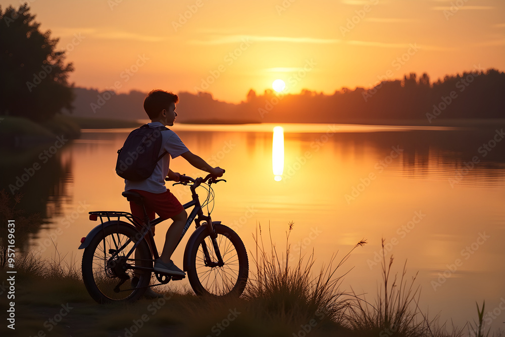 Fototapeta premium boy with a bicycle standing next to a small lake