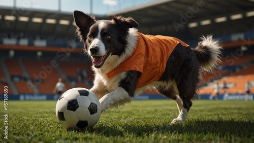 A dog in an orange jersey playing soccer on a professional soccer field. photo