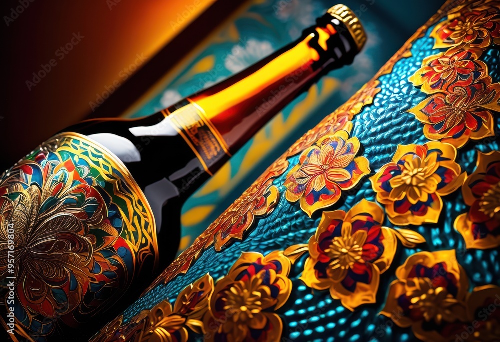 Fototapeta premium vibrant beer bottle displayed brightly patterned background featuring bold colors intricate designs, colorful, art, graphic, modern, creative, texture, pop