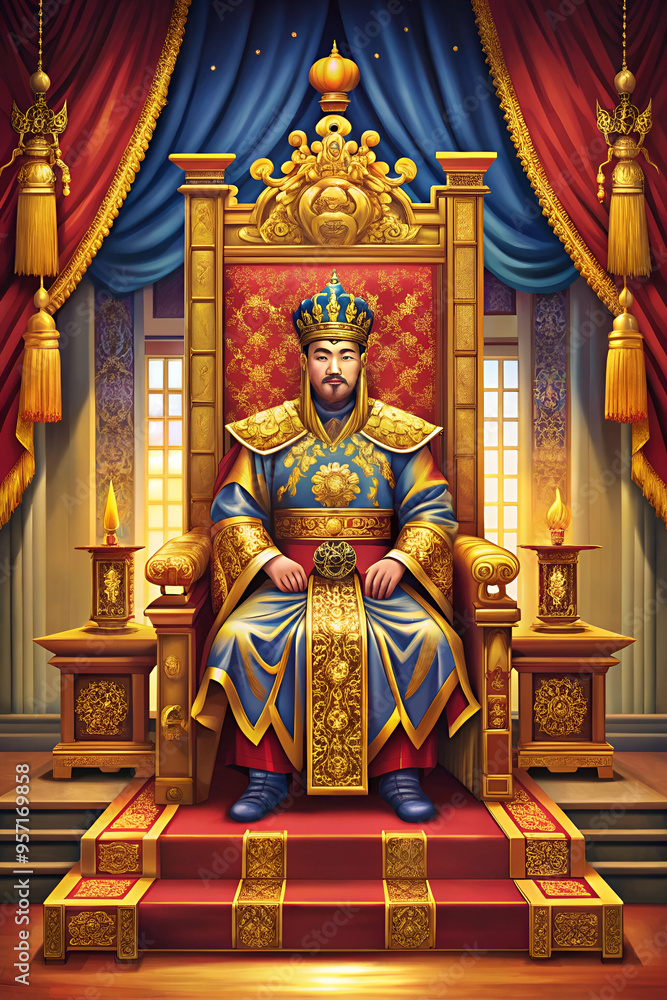 A man in a throne with a crown on his head. The man is sitting on a red chair A man in a throne with a crown on his head. The man is sitting on a red chair