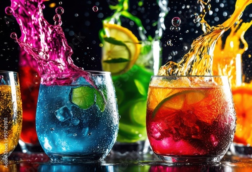 vibrant fizzy drink splashes clear glass capturing refreshing bubbles bright colors, bubbly, carbonation, cold, drinkware, effervescence, exotic, flavor, liquid photo