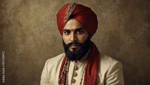 Regal man wearing a traditional turban and ornate attire