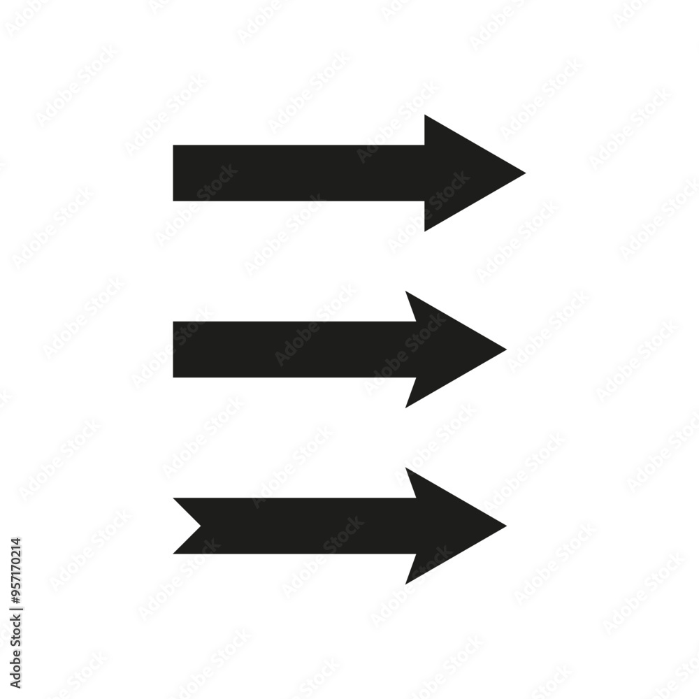 Three right arrows. Horizontal direction icons. Simple black symbols. Minimalist design. Three right arrows. Horizontal direction icons. Simple black symbols. Minimalist design.