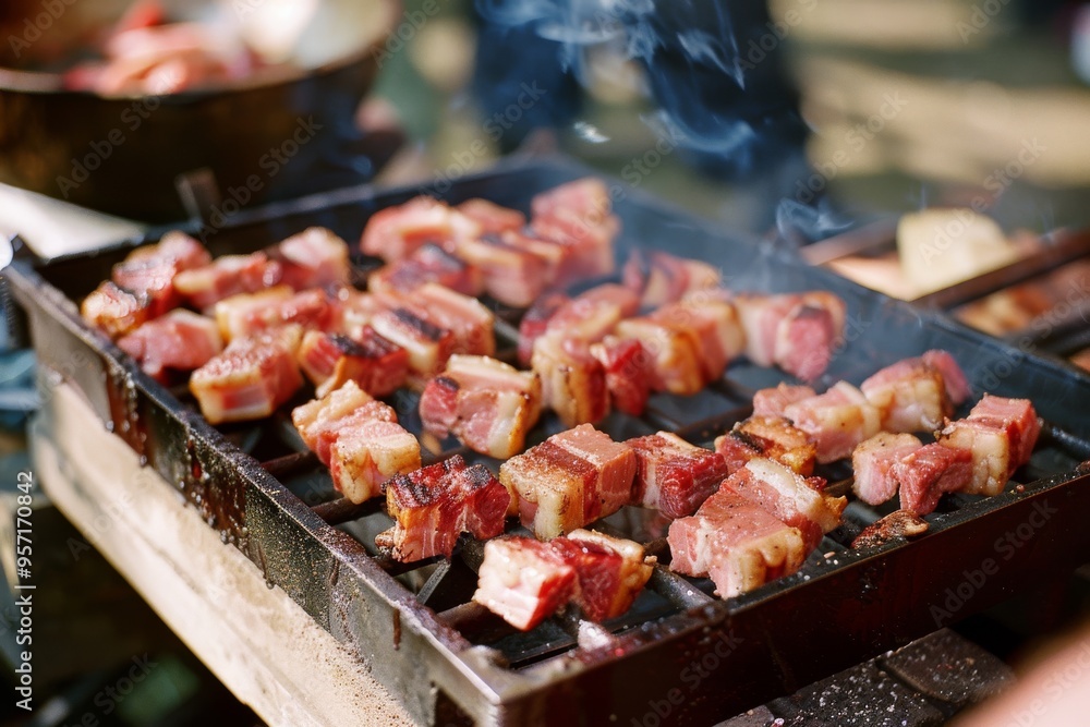 Juicy, diced meat sizzles on a hot grill at an outdoor barbecue, smoke wafting up as the cubes are perfectly charred and ready to be savored. Juicy, diced meat sizzles on a hot grill at an outdoor barbecue, smoke wafting up as the cubes are perfectly charred and ready to be savored.