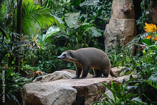 A Binturong Standing On A Rock In A Lush Jungle Setting photo