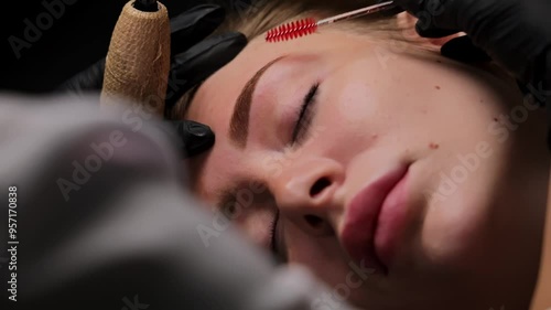 A cosmetologist runs a spoolie through the client's brows after the permanent makeup procedure. Permanent eyebrow makeup, performing eyebrow tattoo PMU
