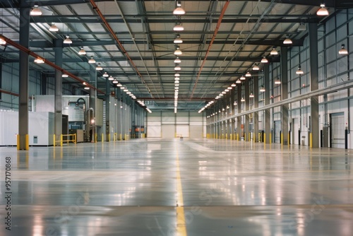 A vast, empty warehouse illuminated by rows of overhead lights, reflecting off the polished floors and creating an expansive view.