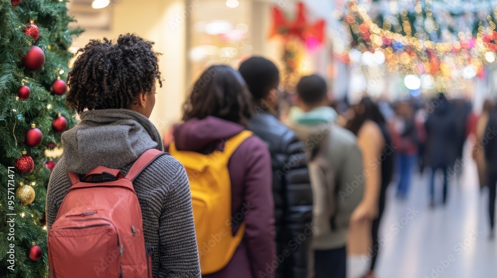 People waiting in line at Togo Mall during Black Friday with festive decorations around People waiting in line at Togo Mall during Black Friday with festive decorations around