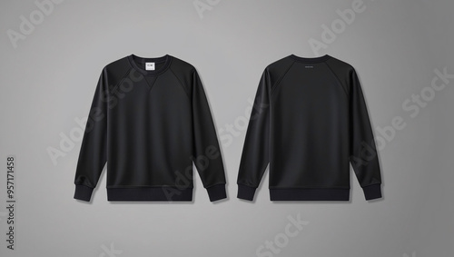 black sweatshirt displayed from both the front and back views, black shirt mockup on gray background, black sweatshirt on gray background