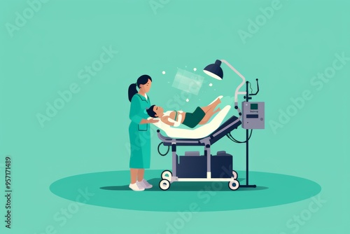 Doctor performing an amniocentesis procedure on a patient lying on a specialized bed. Clinical setting with advanced medical equipment, specialized prenatal care and attention detail.