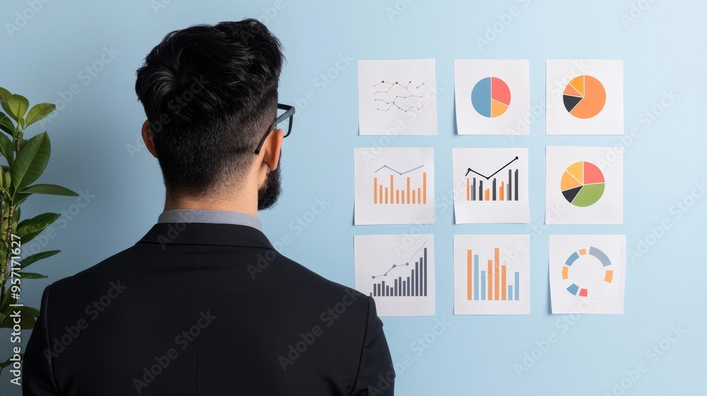 Entrepreneur reviewing a detailed business plan with graphs and charts, business strategy visualization Entrepreneur reviewing a detailed business plan with graphs and charts, business strategy visualization