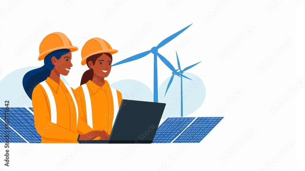 Female engineer and colleague assessing solar power data on a laptop, surrounded by solar panels and wind turbines, representing clean energy initiatives Female engineer and colleague assessing solar power data on a laptop, surrounded by solar panels and wind turbines, representing clean energy initiatives