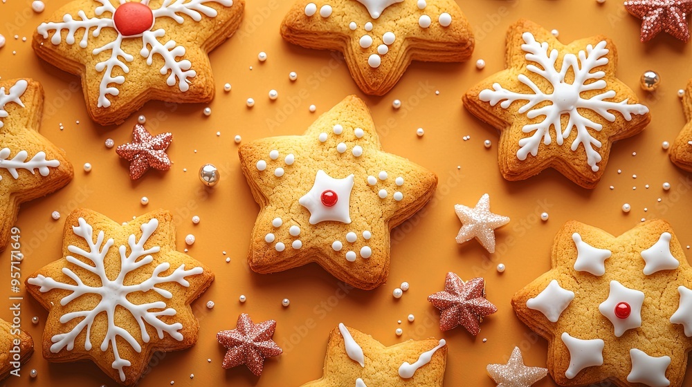Warm-toned star and snowflake-shaped cookies with white and red icing, beautifully designed and arranged on an orange background, symbolizing festivity and joy for holidays. Warm-toned star and snowflake-shaped cookies with white and red icing, beautifully designed and arranged on an orange background, symbolizing festivity and joy for holidays.