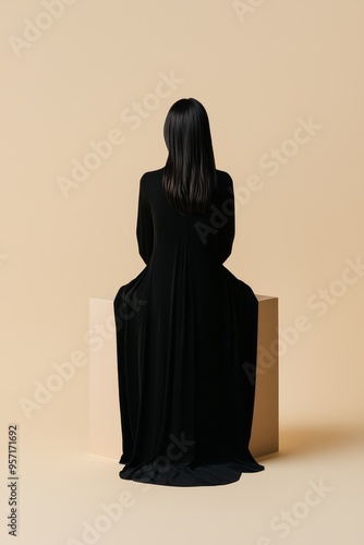 Female figure in a stylish black outfit, sitting on a box, her back facing the camera, representing poise and minimalist beauty