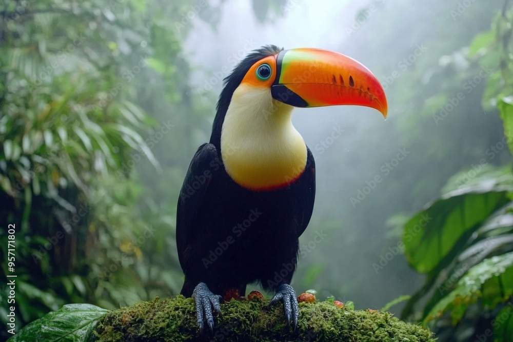 Naklejka premium A toucan with a large orange beak perched on a mossy branch in a rainforest