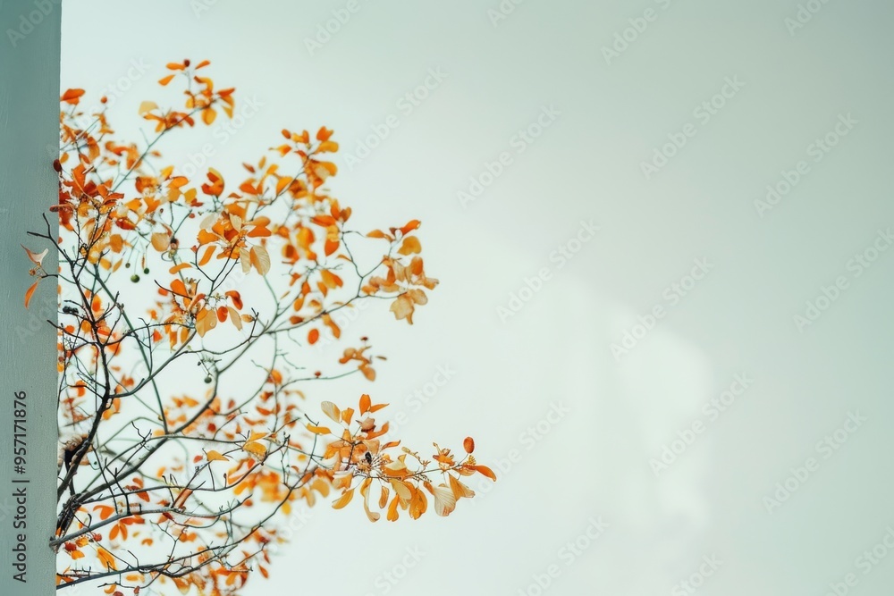 A delicate tree branch with orange leaves, leaning against a light, muted background, capturing the essence of autumn and simplicity. A delicate tree branch with orange leaves, leaning against a light, muted background, capturing the essence of autumn and simplicity.