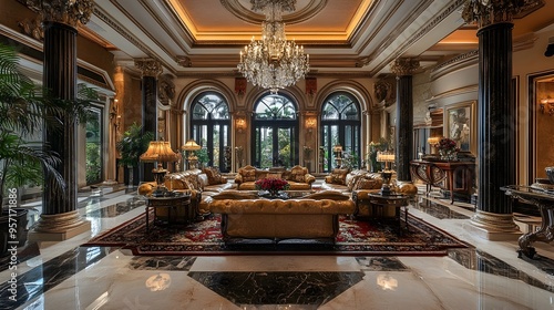 Luxurious Living Room with Grand Chandelier and Marble Floors