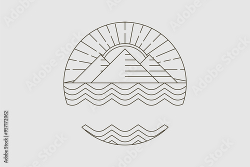 A minimalist vintage-inspired logo featuring mountains, waves, sun, and moon in a clean line art outline, celebrating the eternal beauty of the natural world photo