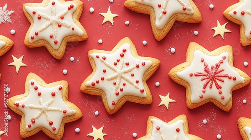 Star-shaped cookies with white icing and red decorative elements, arranged on a red background, representing festive holiday baking and cheerful celebrations.