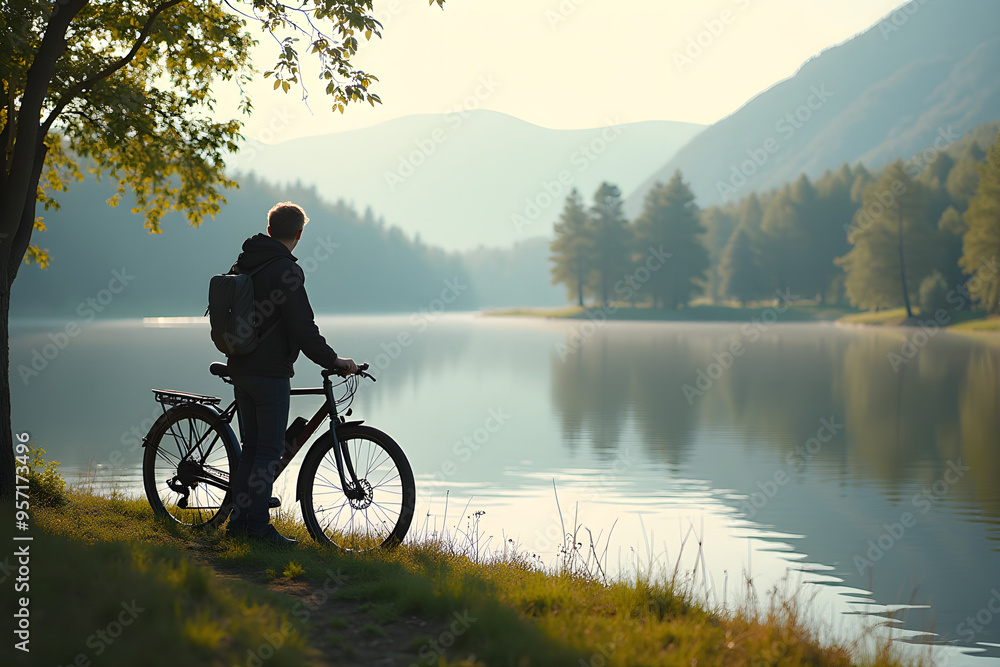 Obraz premium boy with a bicycle standing next to a small lake