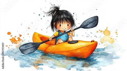 Cute cartoon character of a girl kayaking in water