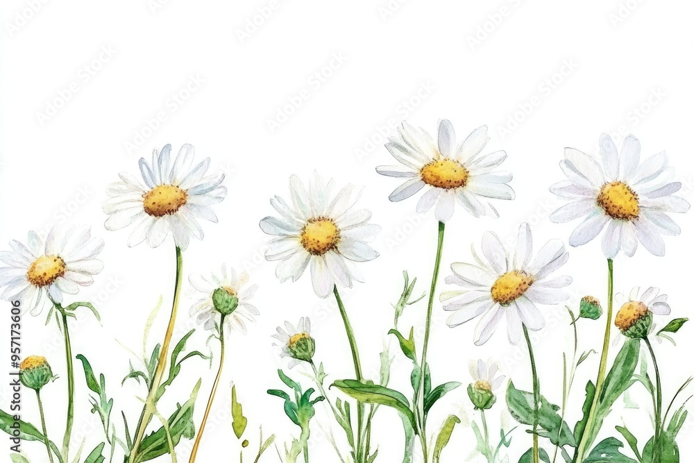 Fototapeta premium A vibrant arrangement of daisies displays delicate petals and soft greenery, capturing the essence of nature in a bright, artistic representation