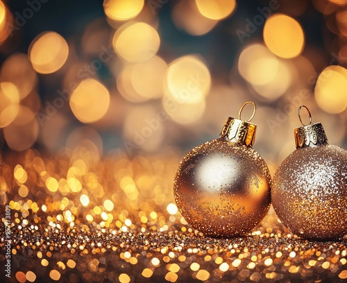 Panoramic scene of a Christmas party featuring golden glitter and soft lights.