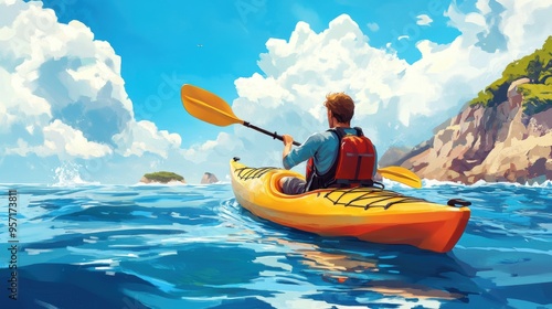 Painting of a person kayaking in tropical sea