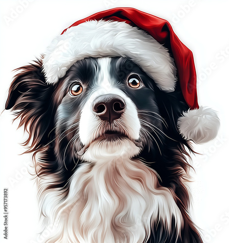 cute christmas border collie dog wearing santa hat illustration; realistic xmas adorable  black & white doggie's head art; isolated on white background; copy space photo