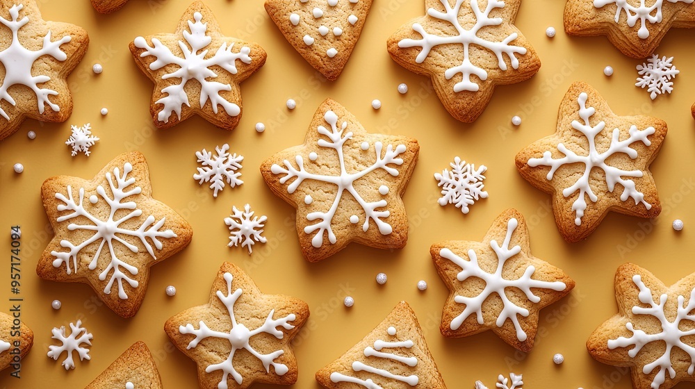 This image showcases cookies with white icing shaped like snowflakes and stars, arranged on a light brown background, creating a festive and visually appealing look. This image showcases cookies with white icing shaped like snowflakes and stars, arranged on a light brown background, creating a festive and visually appealing look.