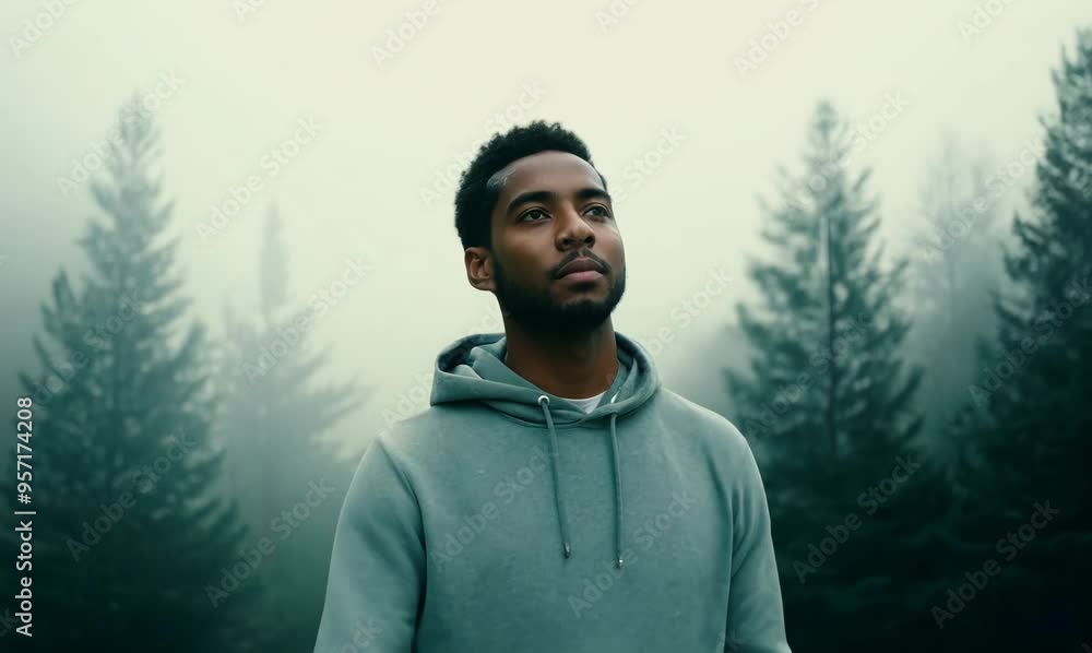 Dominican Man Walking in Foggy Park at Dawn Dominican Man Walking in Foggy Park at Dawn