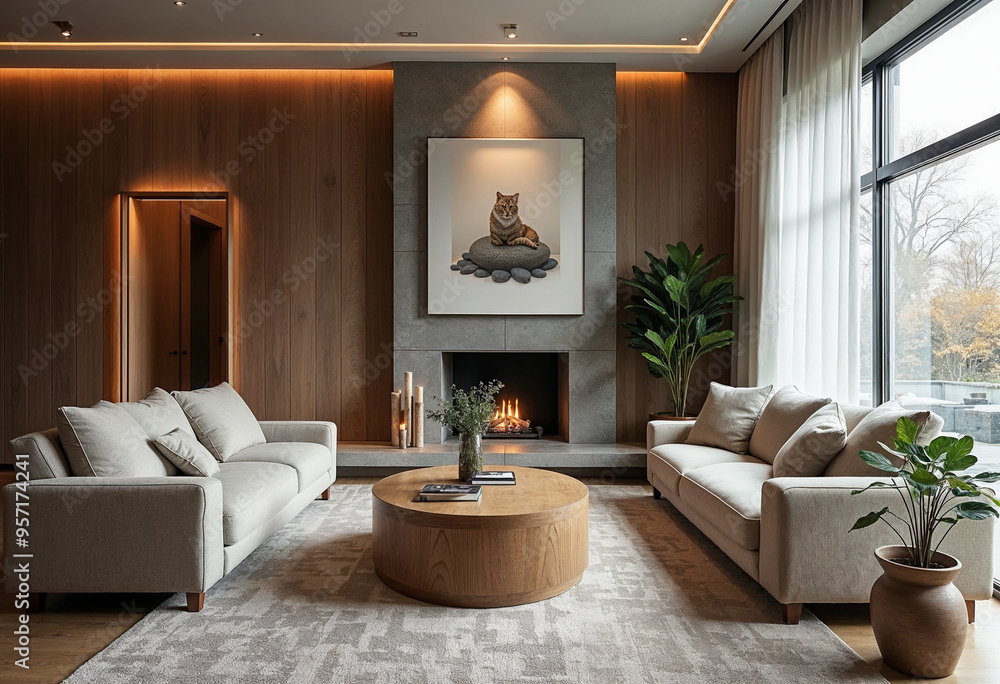 Fototapeta premium Concept photo of modern, cozy living room interior