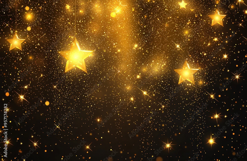 Golden glittering stars and light effects on a black backdrop, vector design. Golden glittering stars and light effects on a black backdrop, vector design.