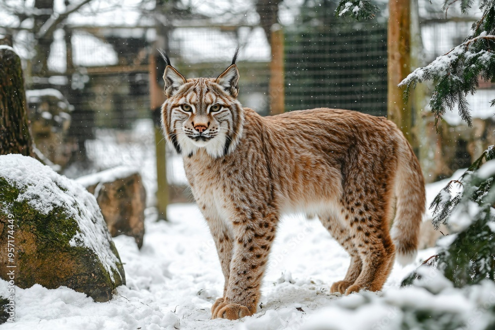 Fototapeta premium A Lynx Standing in a Snowy Forest