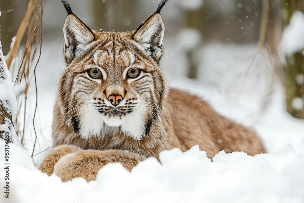 Obraz premium A Lynx Resting In The Snow