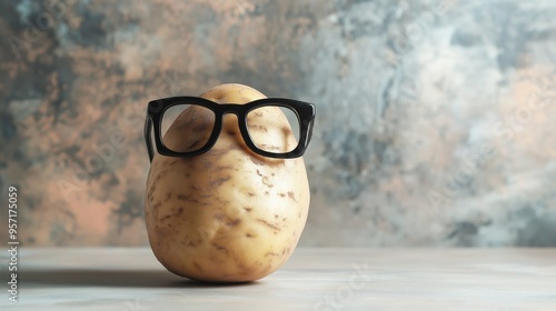 A Funny Potato Wearing Stylish Black Glasses Posing on a Clean White Background for a Whimsical Food Photography Shot photo