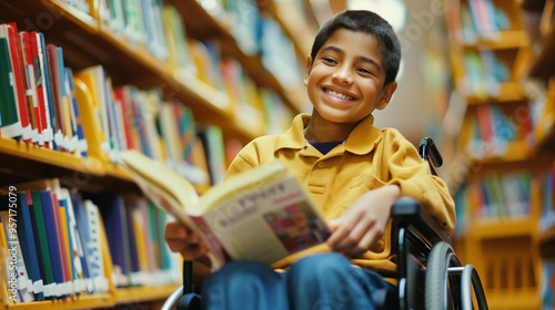 Happy young disabled mixed race school student in wheelchair reading a library book. African american child with disability learning. Inclusive & diverse education 