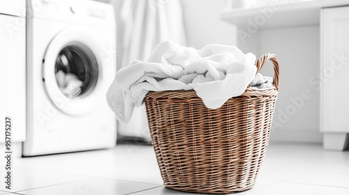 A beautifully woven laundry basket overflowing with freshly cleaned towels placed conveniently next to a modern washing machine. photo