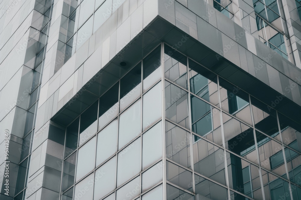 The perspective shot of a modern office building's facade, characterized by its geometric design, glass windows, and sleek lines. The perspective shot of a modern office building's facade, characterized by its geometric design, glass windows, and sleek lines.
