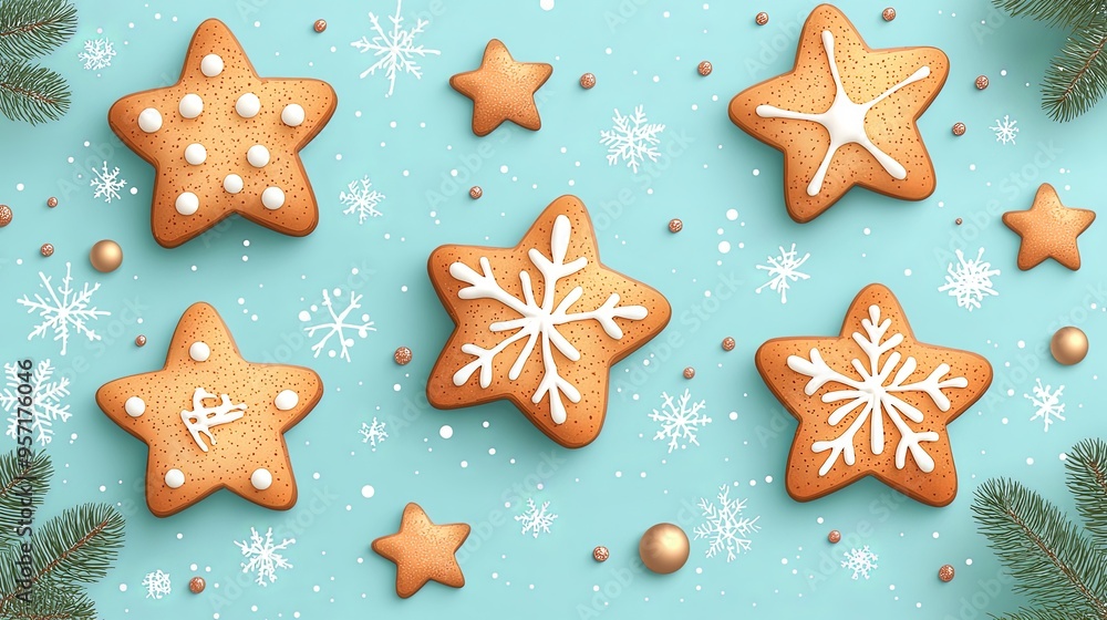 Holiday cookies in star shapes decorated with simple white icing on a light blue background, creating a festive and cheerful atmosphere indicative of the Christmas season. Holiday cookies in star shapes decorated with simple white icing on a light blue background, creating a festive and cheerful atmosphere indicative of the Christmas season.