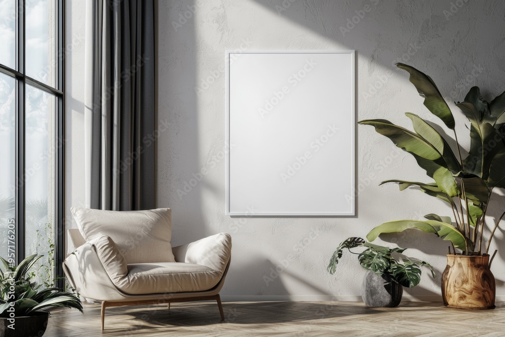 Poster Frame in Beige minimalist living room interior created with generative AI Poster Frame in Beige minimalist living room interior created with generative AI