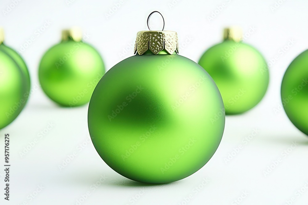 Futuristic neon green Christmas baubles, matte finish on a white backdrop. Futuristic neon green Christmas baubles, matte finish on a white backdrop.
