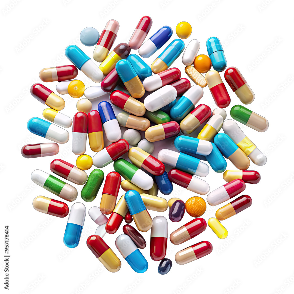 A variety of colorful medicine tablets are scattered on a white background A variety of colorful medicine tablets are scattered on a white background