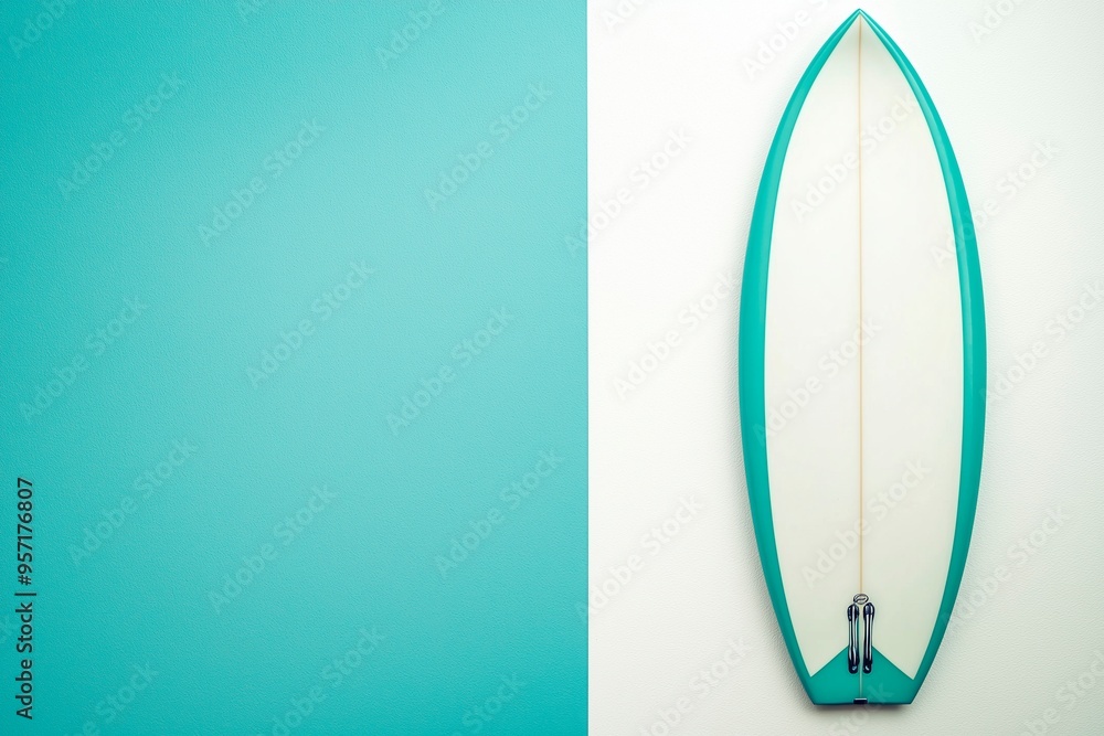 Surfboard resting against a turquoise wall in a bright indoor setting, copy space for text, surt concept Surfboard resting against a turquoise wall in a bright indoor setting, copy space for text, surt concept