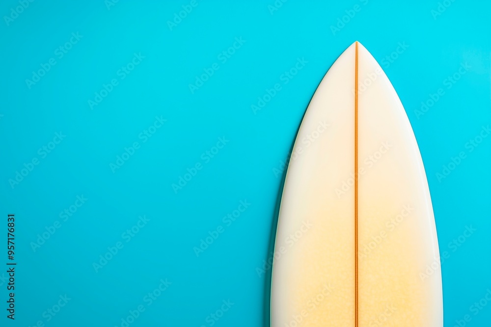 Surfboard against a bright blue background highlighting summer vibes, copy space for text, surt concept Surfboard against a bright blue background highlighting summer vibes, copy space for text, surt concept