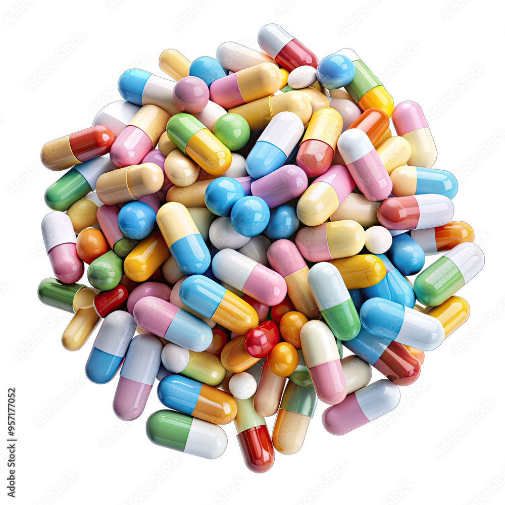 A collection of soft-colored medicine capsules, scattered on a white background A collection of soft-colored medicine capsules, scattered on a white background