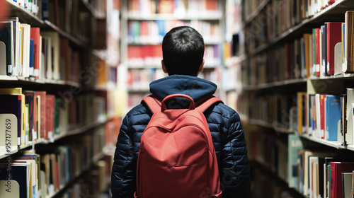 Student wearing a red backpack standing between tall library bookshelves filled with books, focused on exploring the vast collection photo