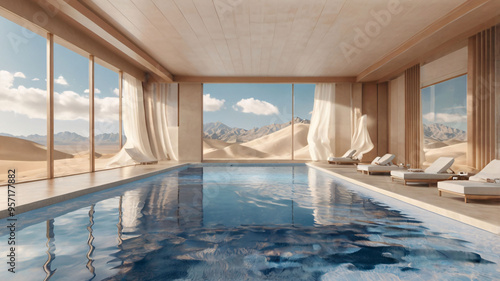 Luxurious Minimalist Indoor Pool with Desert Views, indoor pool near by desert background, pool background photo